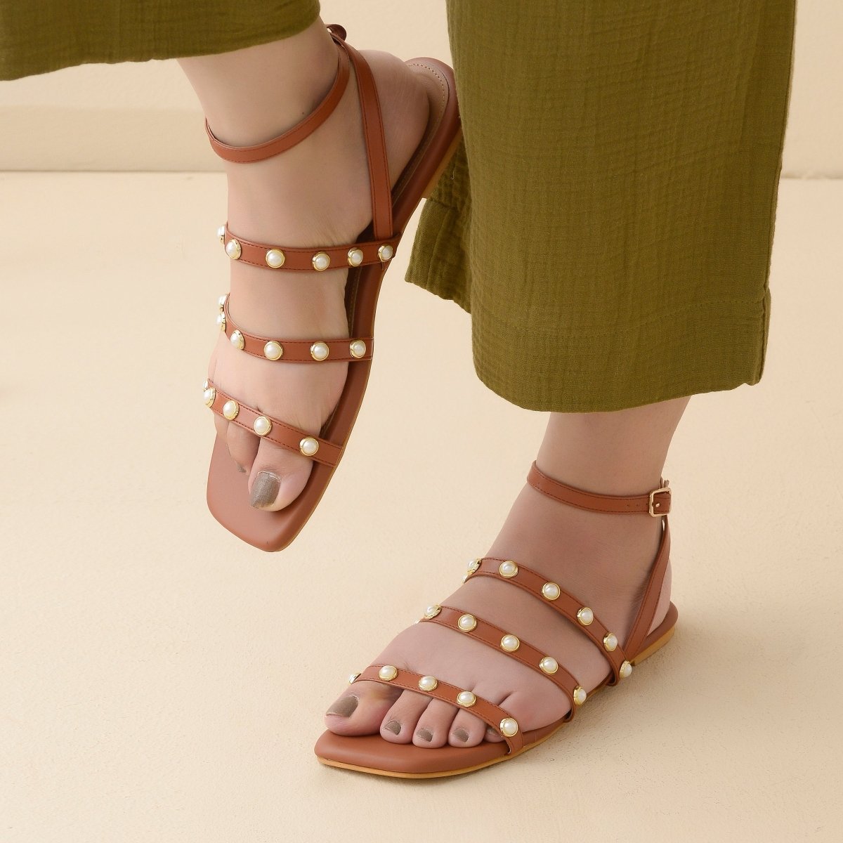 Tan Pearl Ankle Strap Sandals