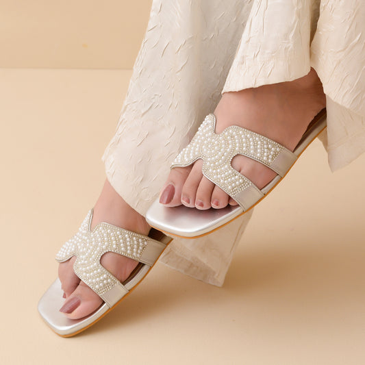Silver Pearl Embellished Flats