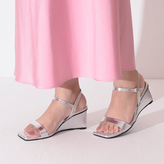 Ankle Strap Silver Wedge Sandals