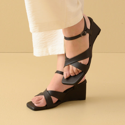 Cross Strap Black Wedge Sandals
