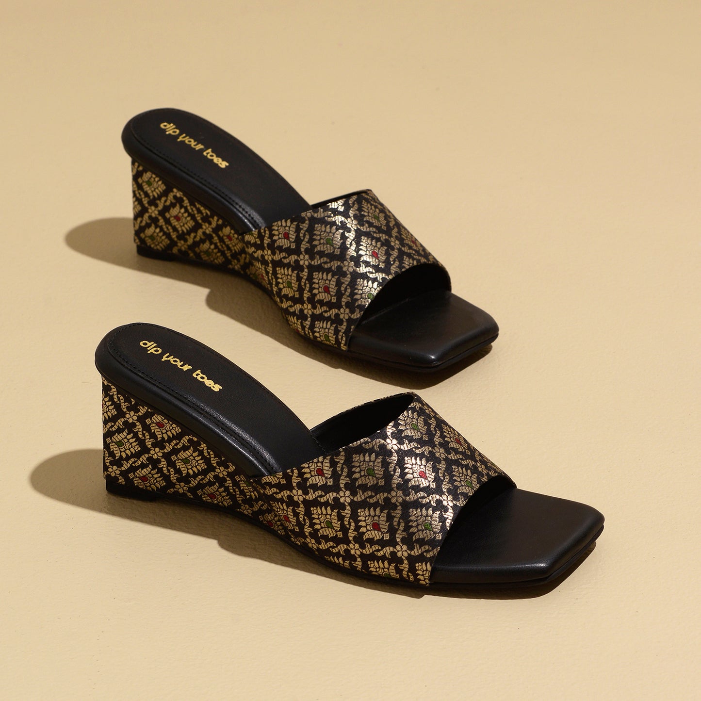 Black Banarasi Gold Wedges