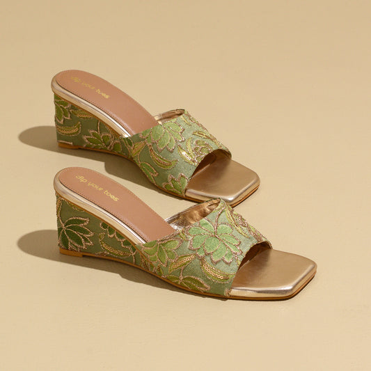 Green Floral Embroidered Wedges