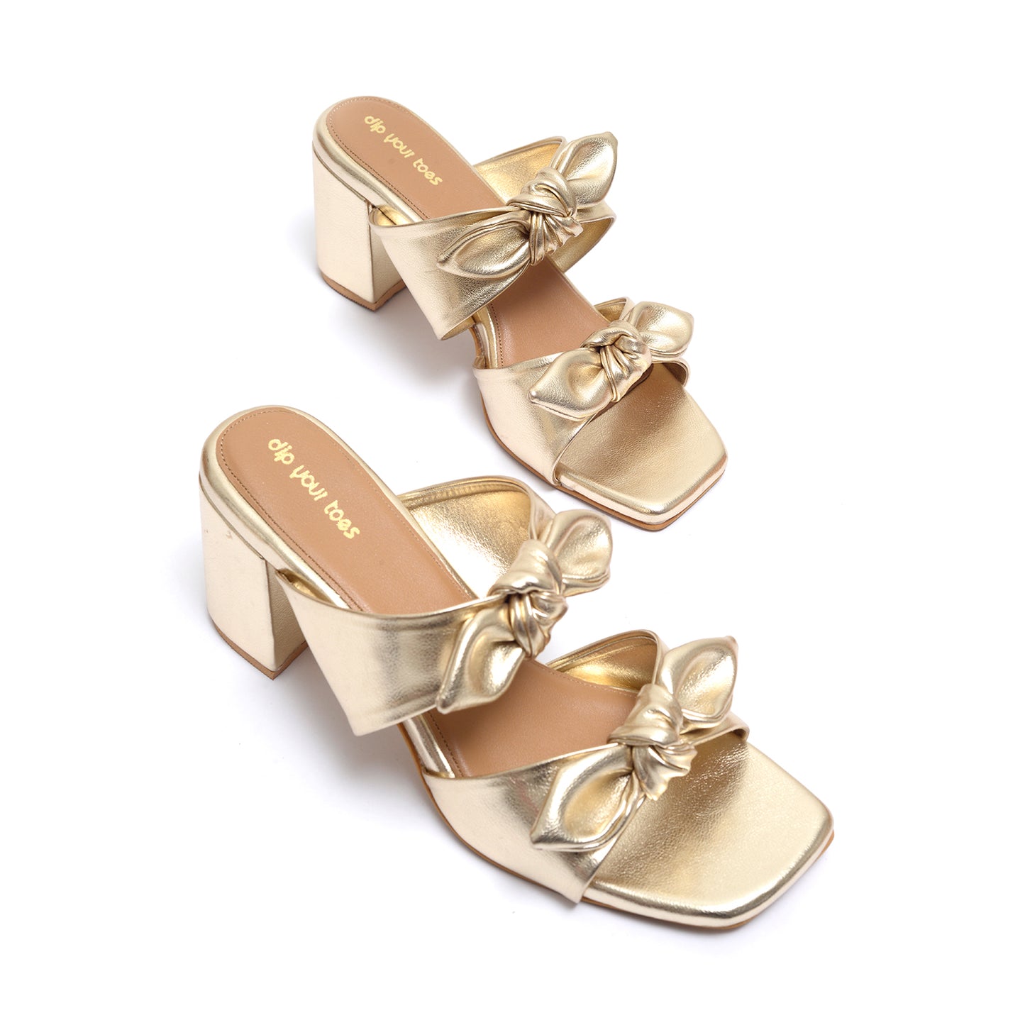 Gold Twin Strap Heels With bow detail