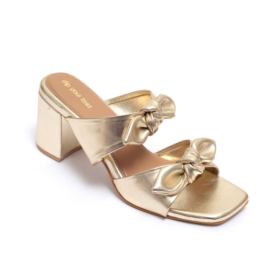 Gold Twin Strap Heels With bow detail