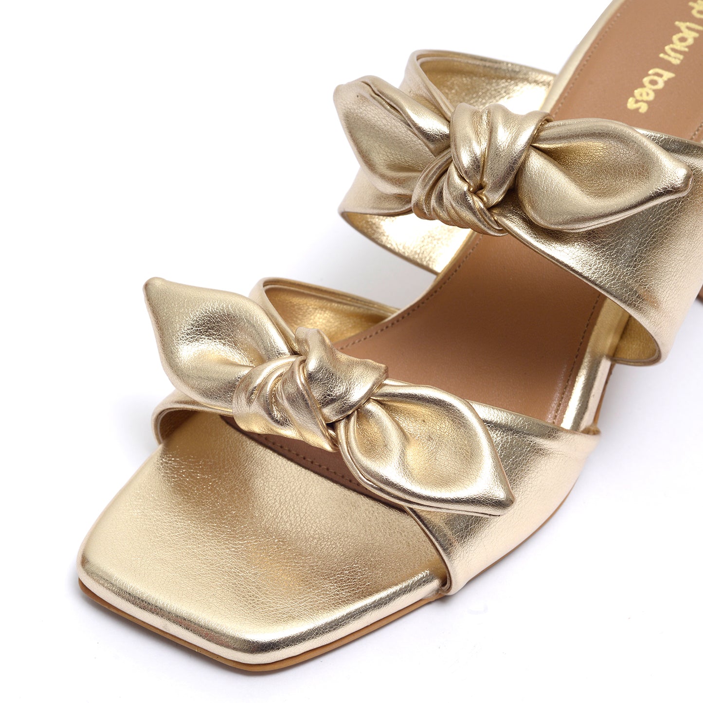 Gold Twin Strap Heels With bow detail