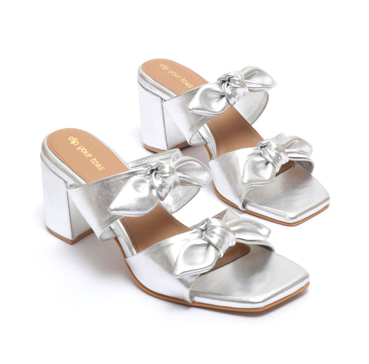 Silver Twin Strap Heels With bow detail