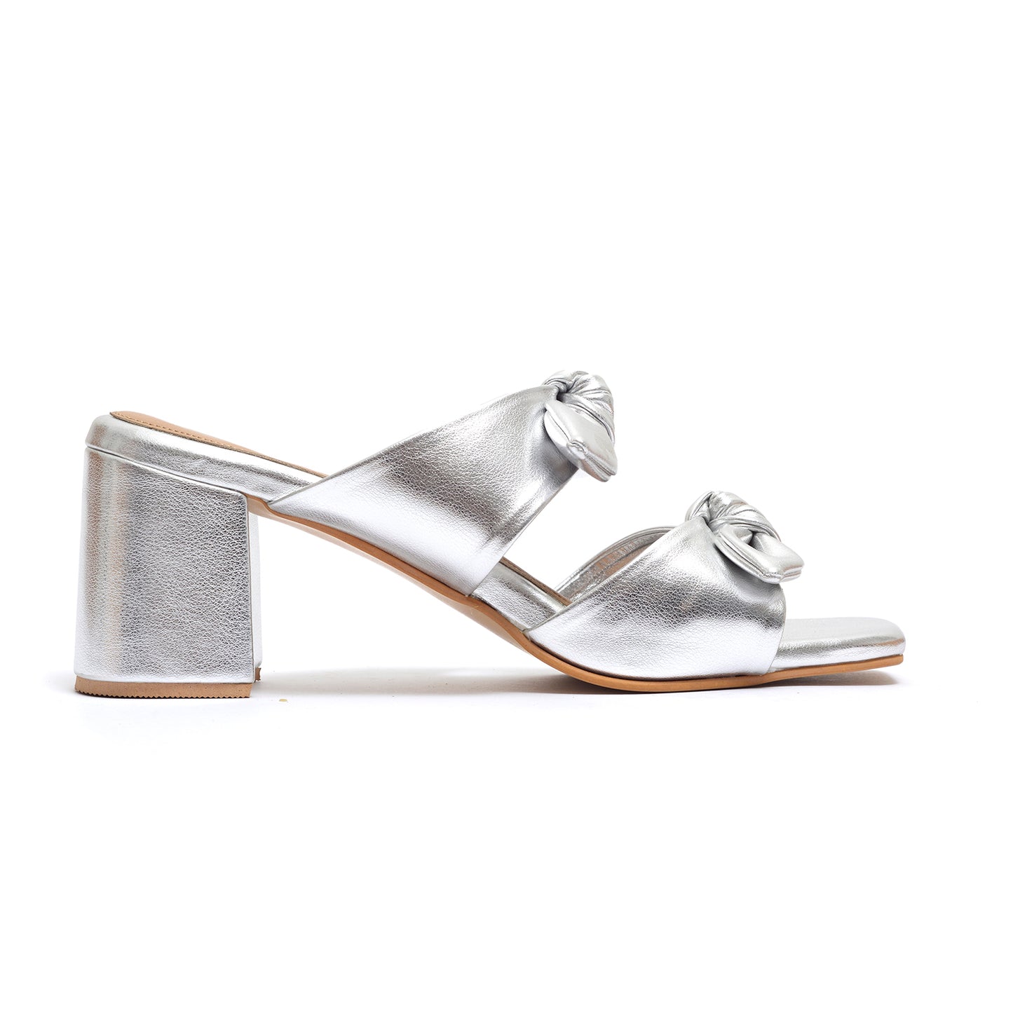 Silver Twin Strap Heels With bow detail