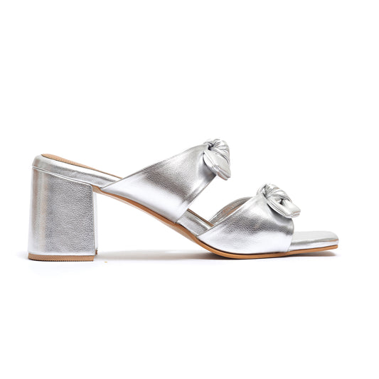 Silver Twin Strap Heels With bow detail