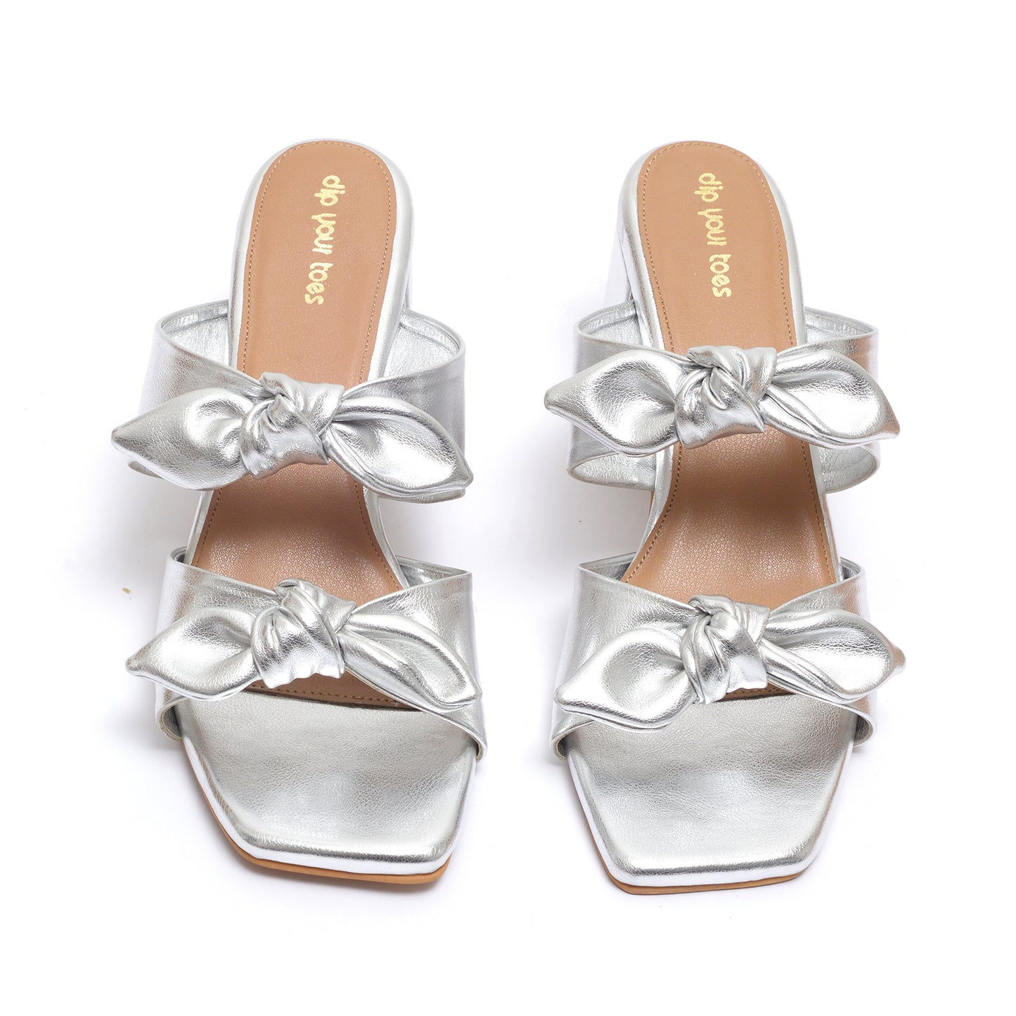 Silver Twin Strap Heels With bow detail