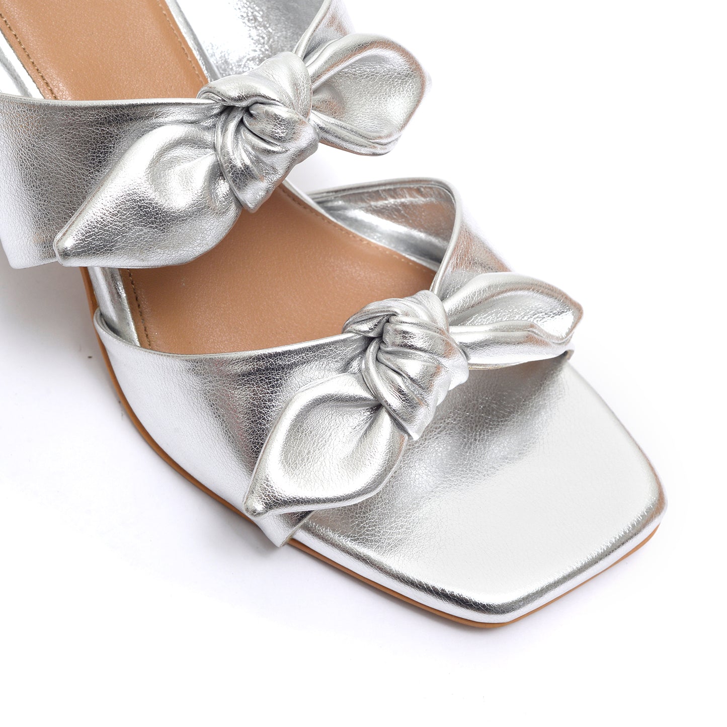 Silver Twin Strap Heels With bow detail