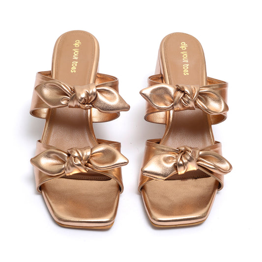 Rosegold Twin Strap Heels With bow detail