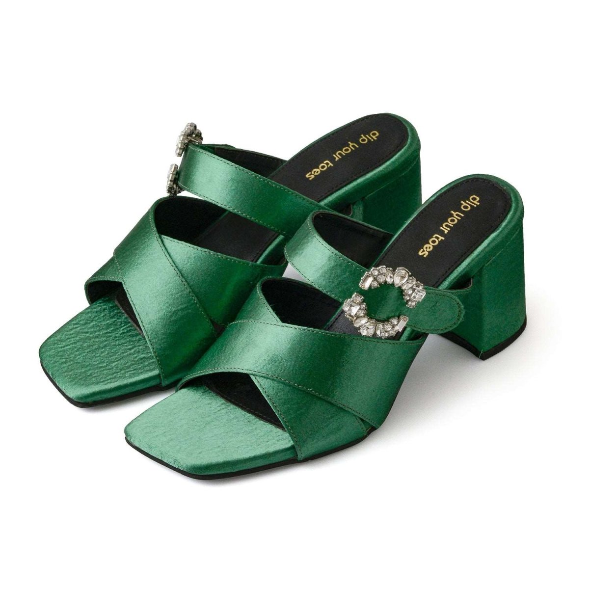 Emerald crystal Embellished cross strap Heels