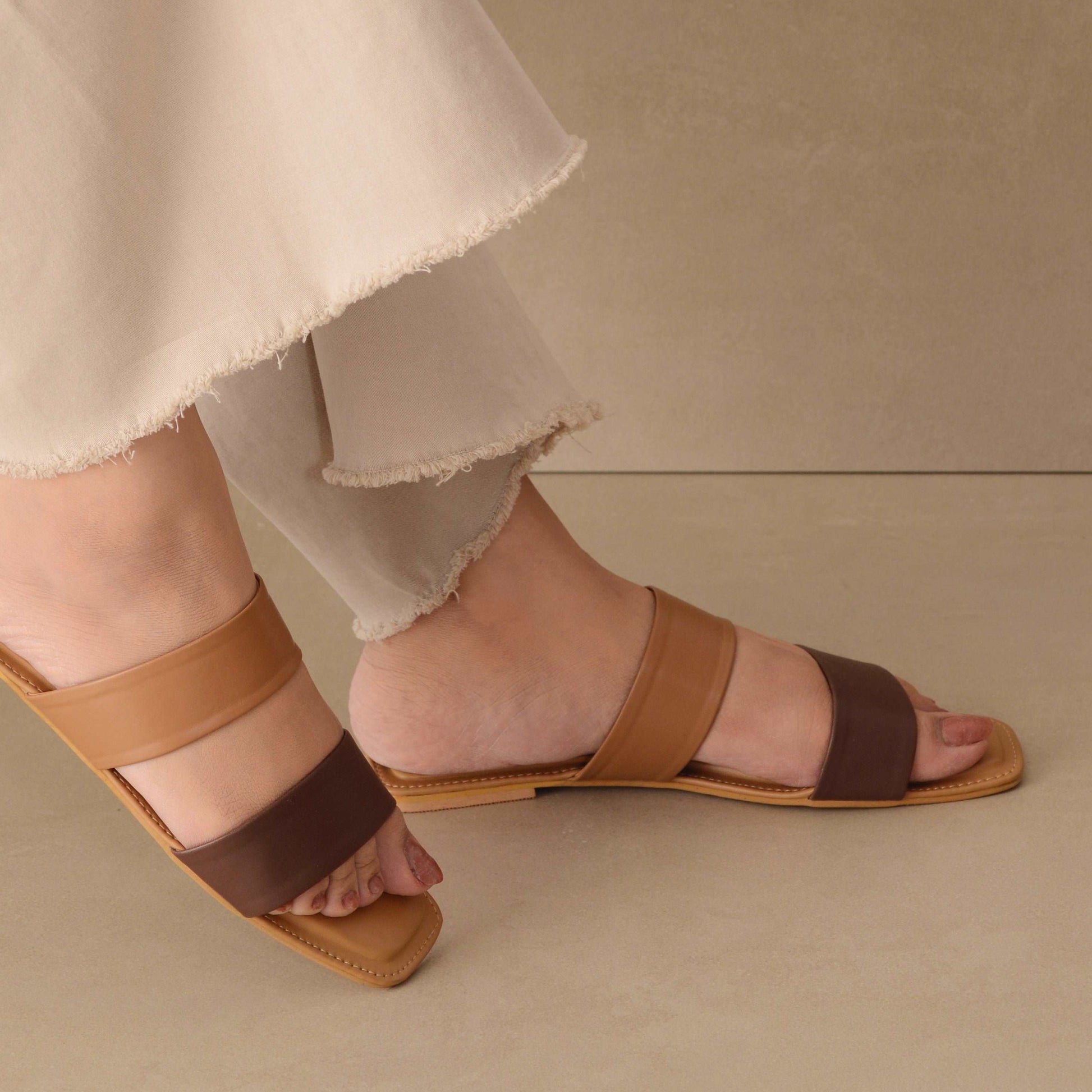 Nude and Brown Double Strap Flats