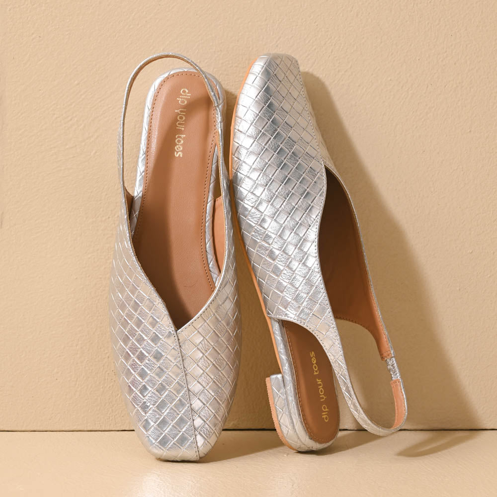 Silver square toe block heel sling back sandals