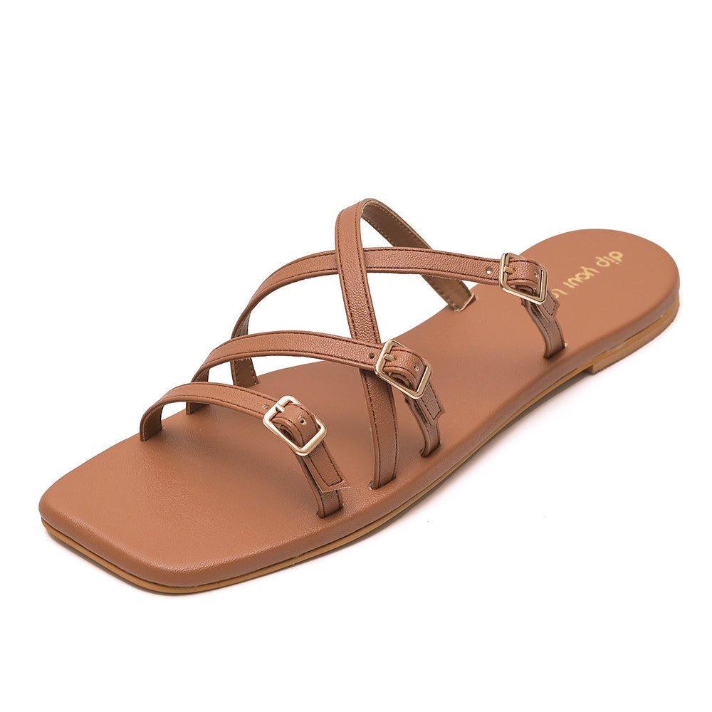 Tan Metal detail Multi-Strap Flats