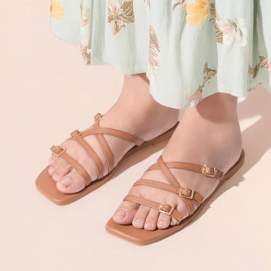 Tan Metal detail Multi-Strap Flats