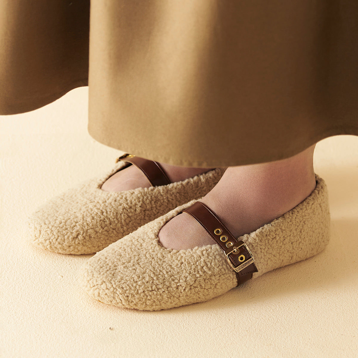 Beige Fleece Mary Jane Flats