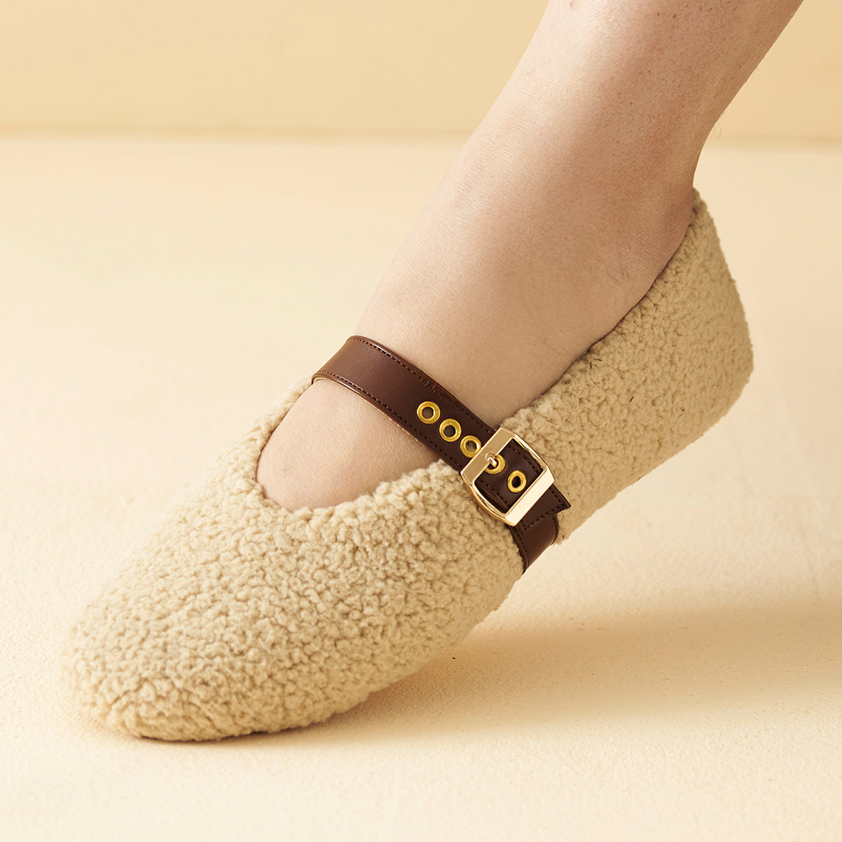 Beige Fleece Mary Jane Flats