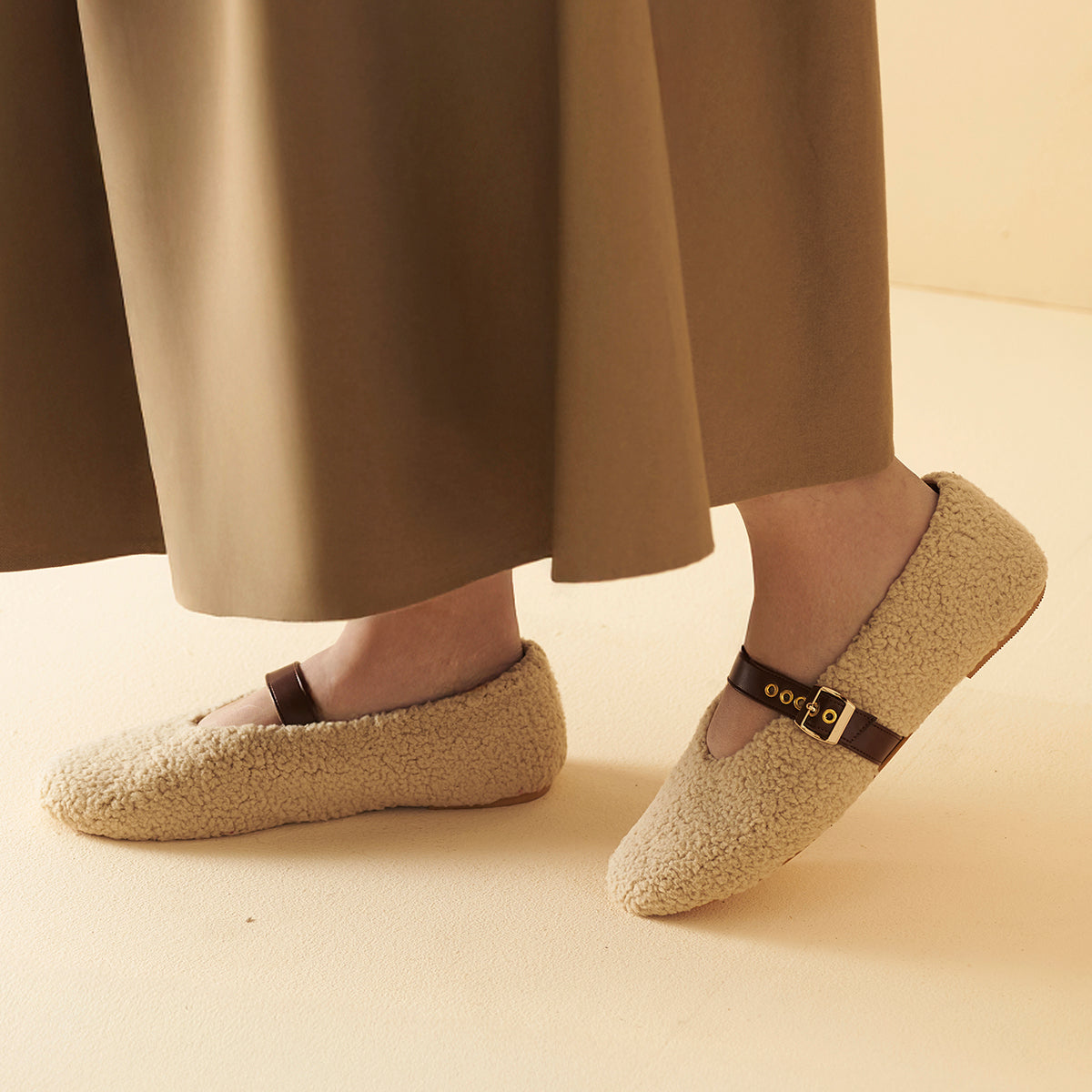 Beige Fleece Mary Jane Flats