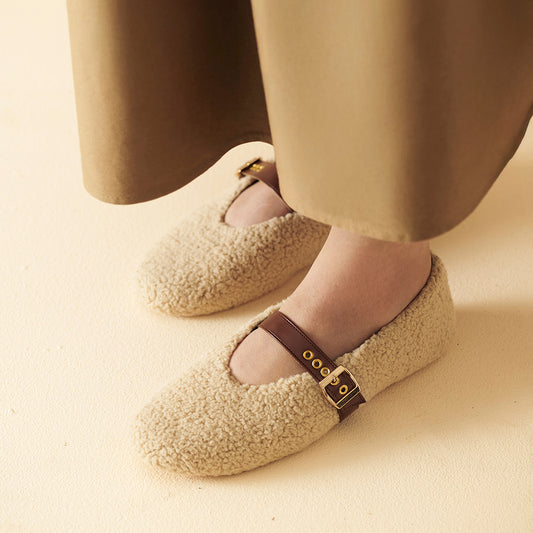 Beige Fleece Mary Jane Flats
