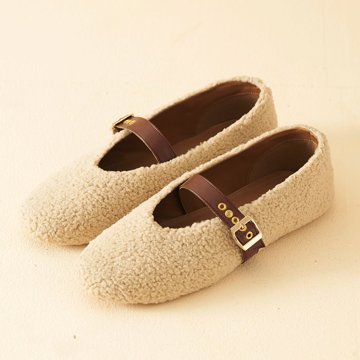 Beige Fleece Mary Jane Flats