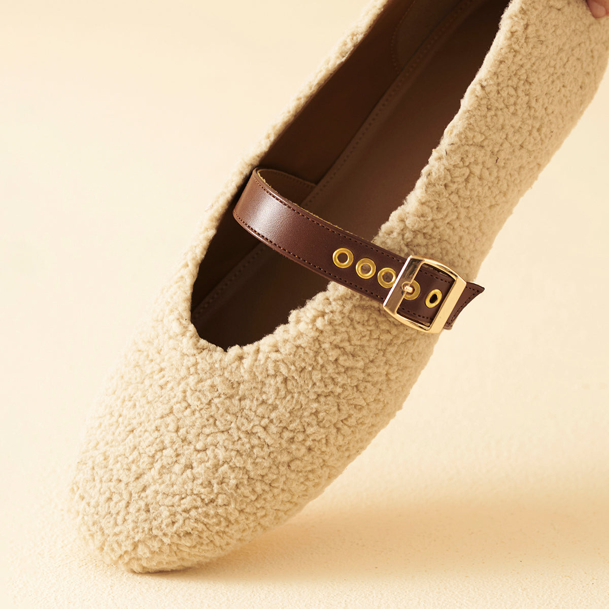 Beige Fleece Mary Jane Flats