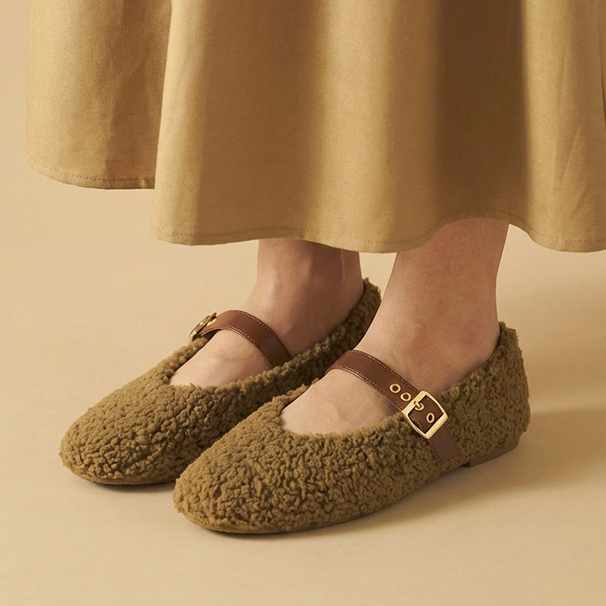 Olive Fleece Mary Jane Flats