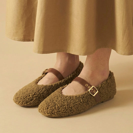 Olive Fleece Mary Jane Flats