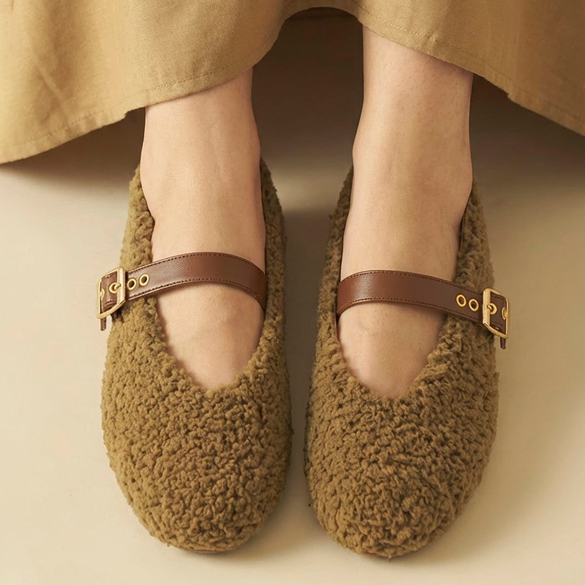 Olive Fleece Mary Jane Flats