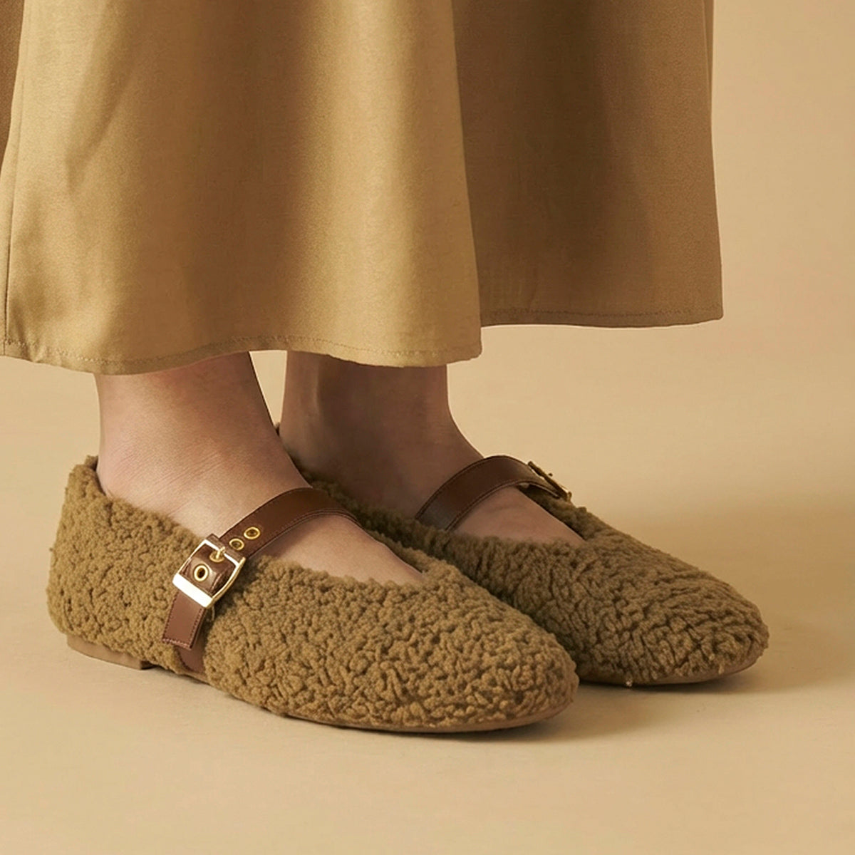 Olive Fleece Mary Jane Flats
