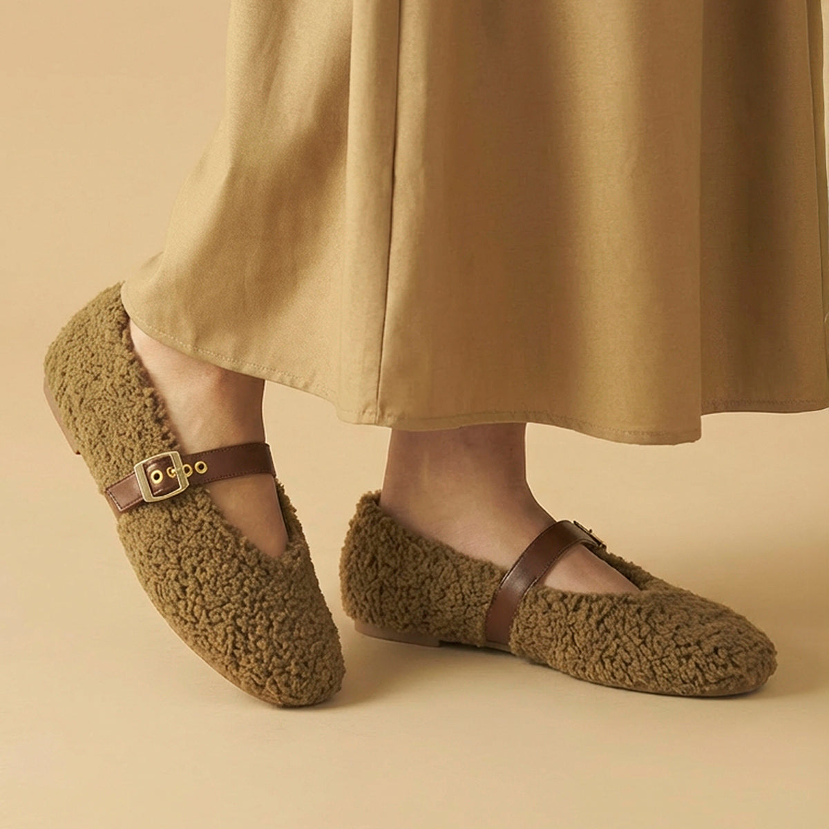 Olive Fleece Mary Jane Flats