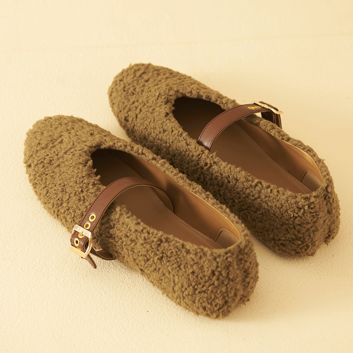 Olive Fleece Mary Jane Flats