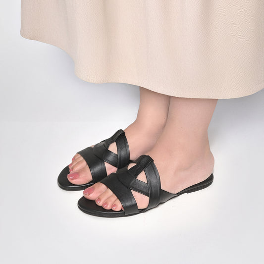 Black Flat Cross-Strap Sandals