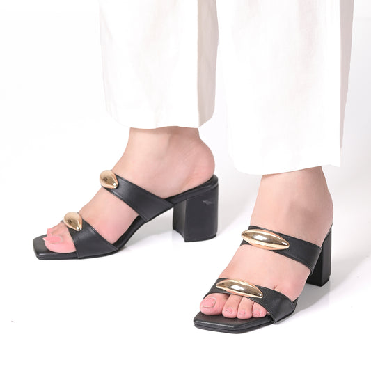 Black Twin Strap Metallic Accent Heels