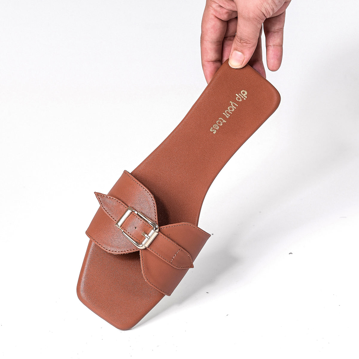 Tan Buckle Detail Single Strap Flats