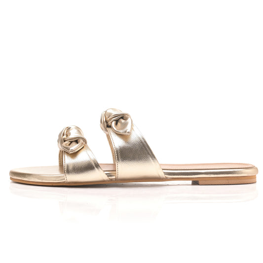 Gold Twin Strap Flats With bow detail