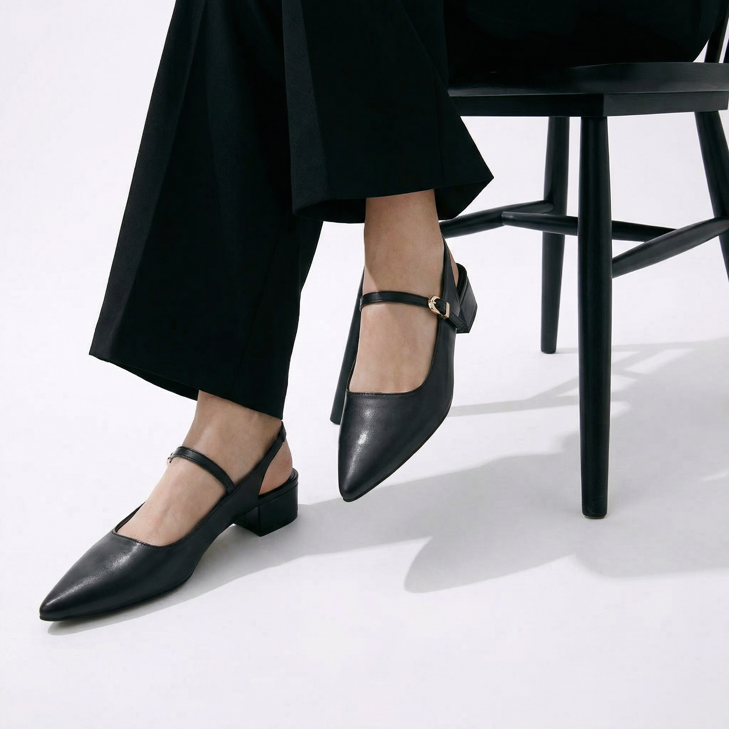 Black Pointed-Toe Slingback Heels