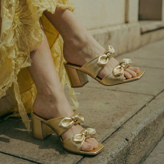 Gold Twin Strap Bow Heels
