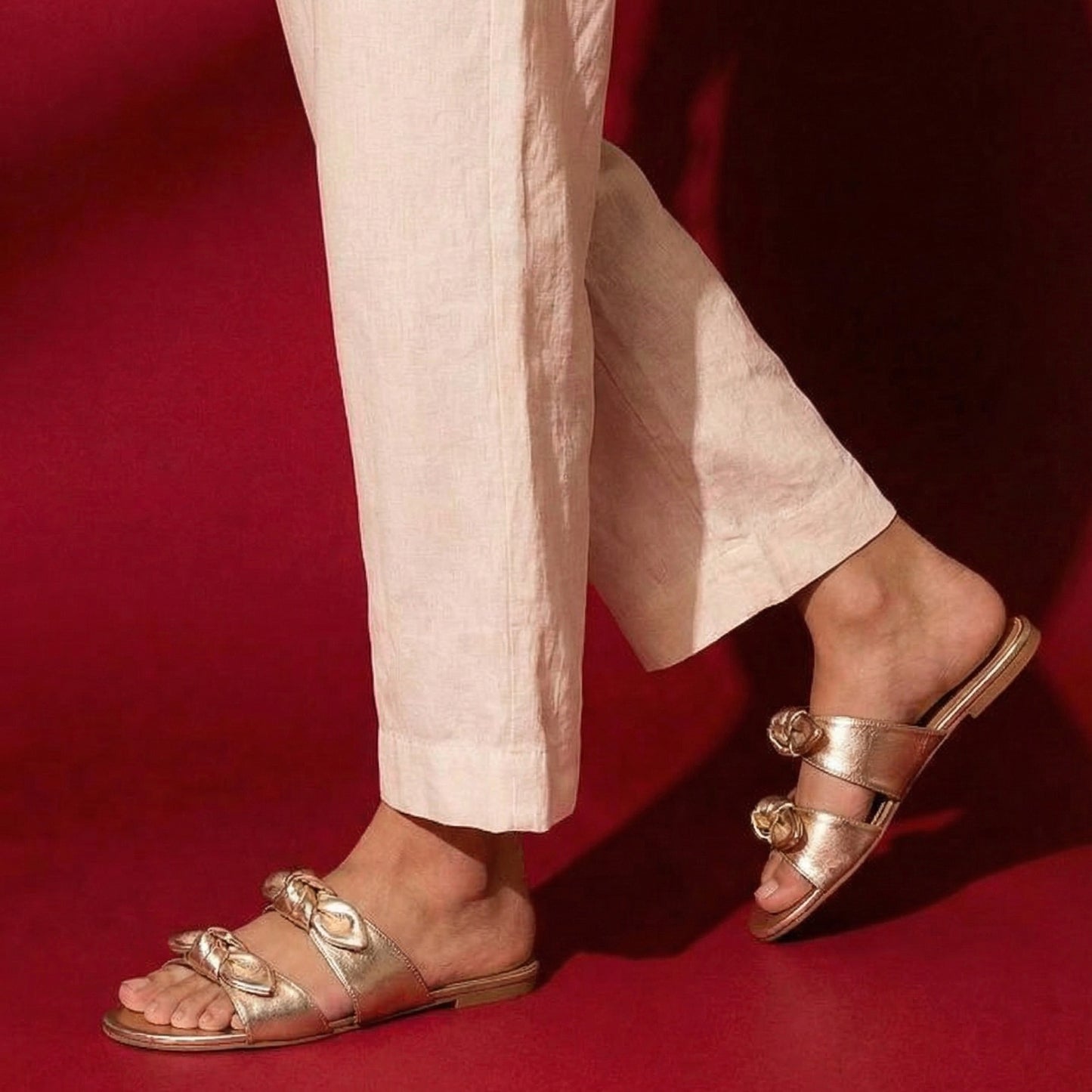 Gold Twin Strap Flats With bow detail