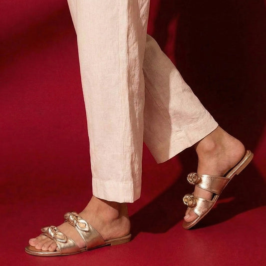 Gold Twin Strap Flats With bow detail