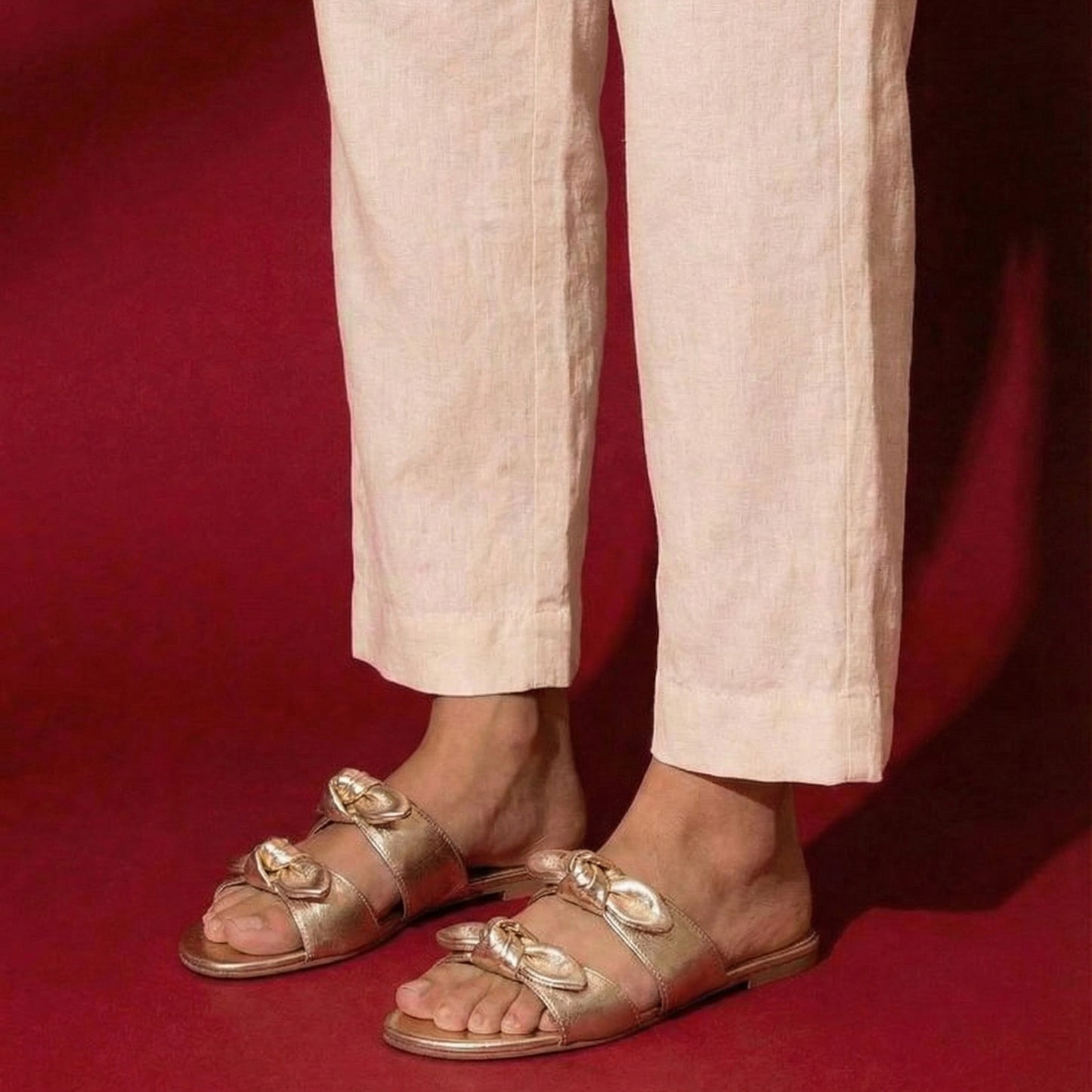 Gold Twin Strap Flats With bow detail