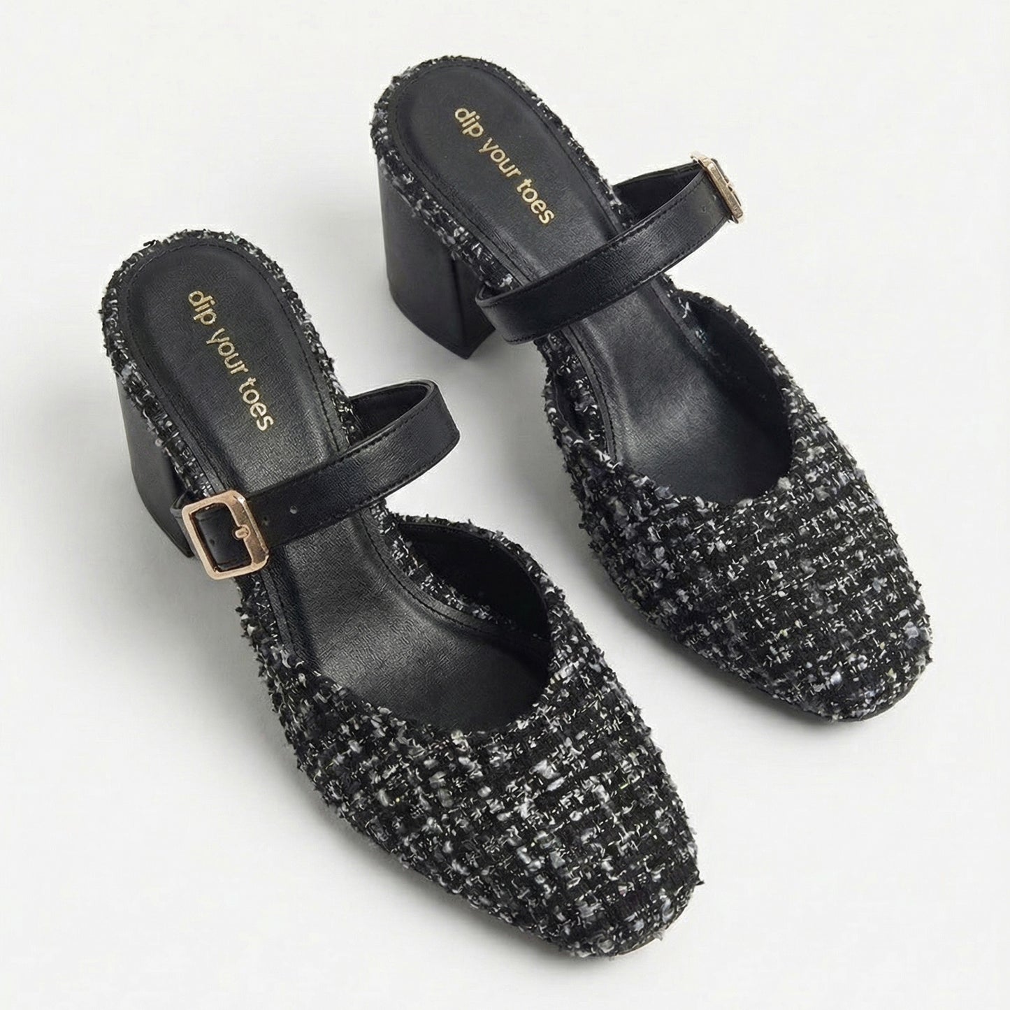 Monochrome Tweed Slip-On block Heels