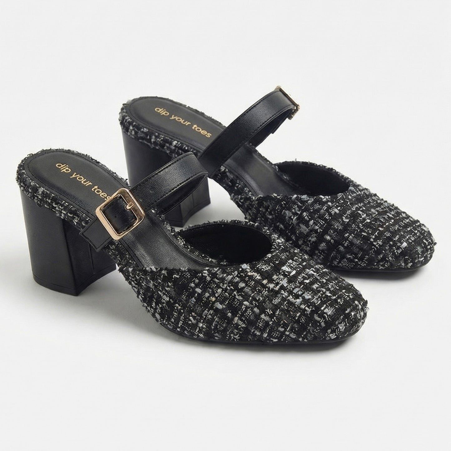 Monochrome Tweed Slip-On block Heels