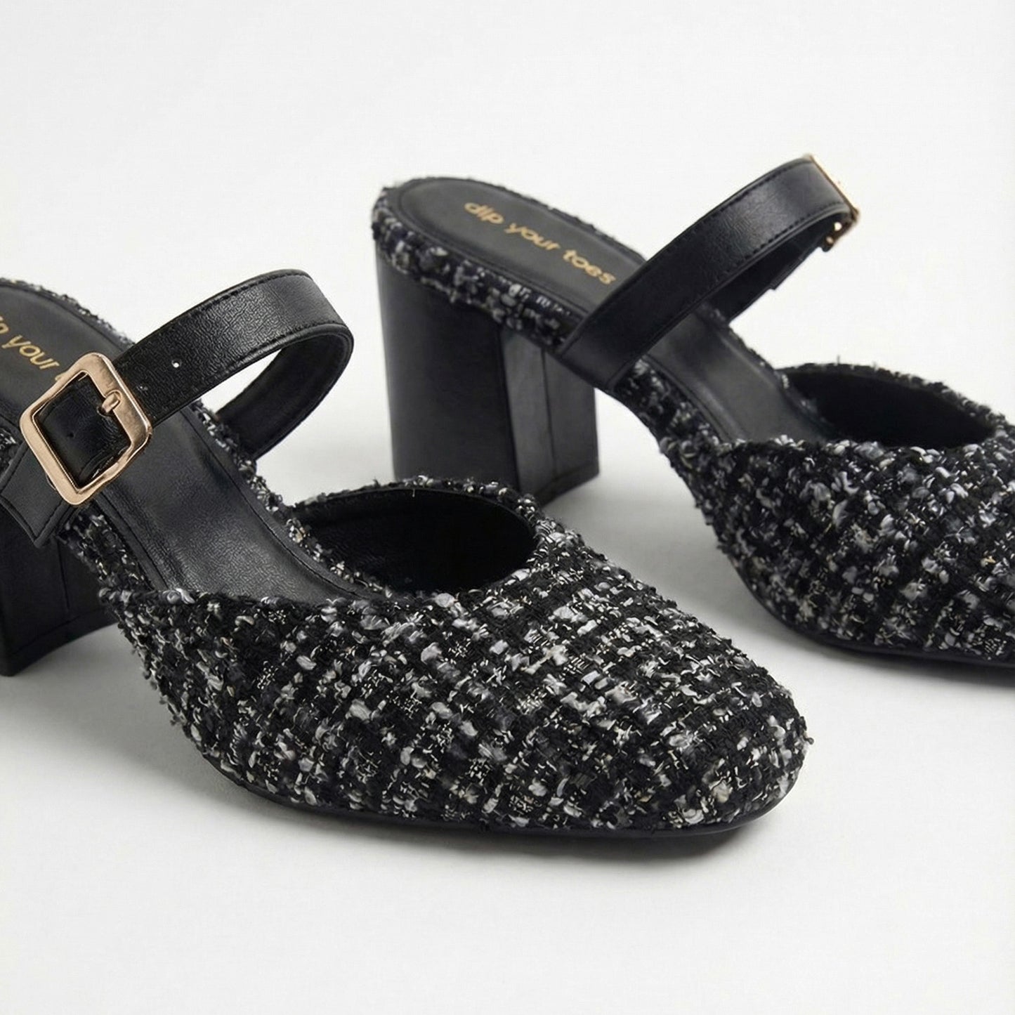Monochrome Tweed Slip-On block Heels