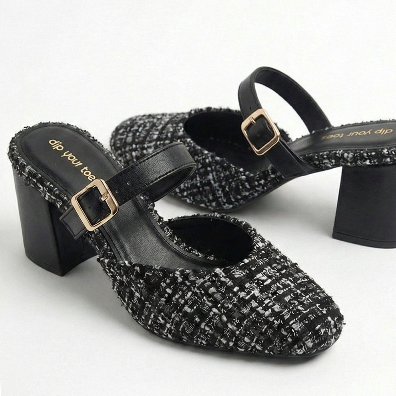 Monochrome Tweed Slip-On block Heels