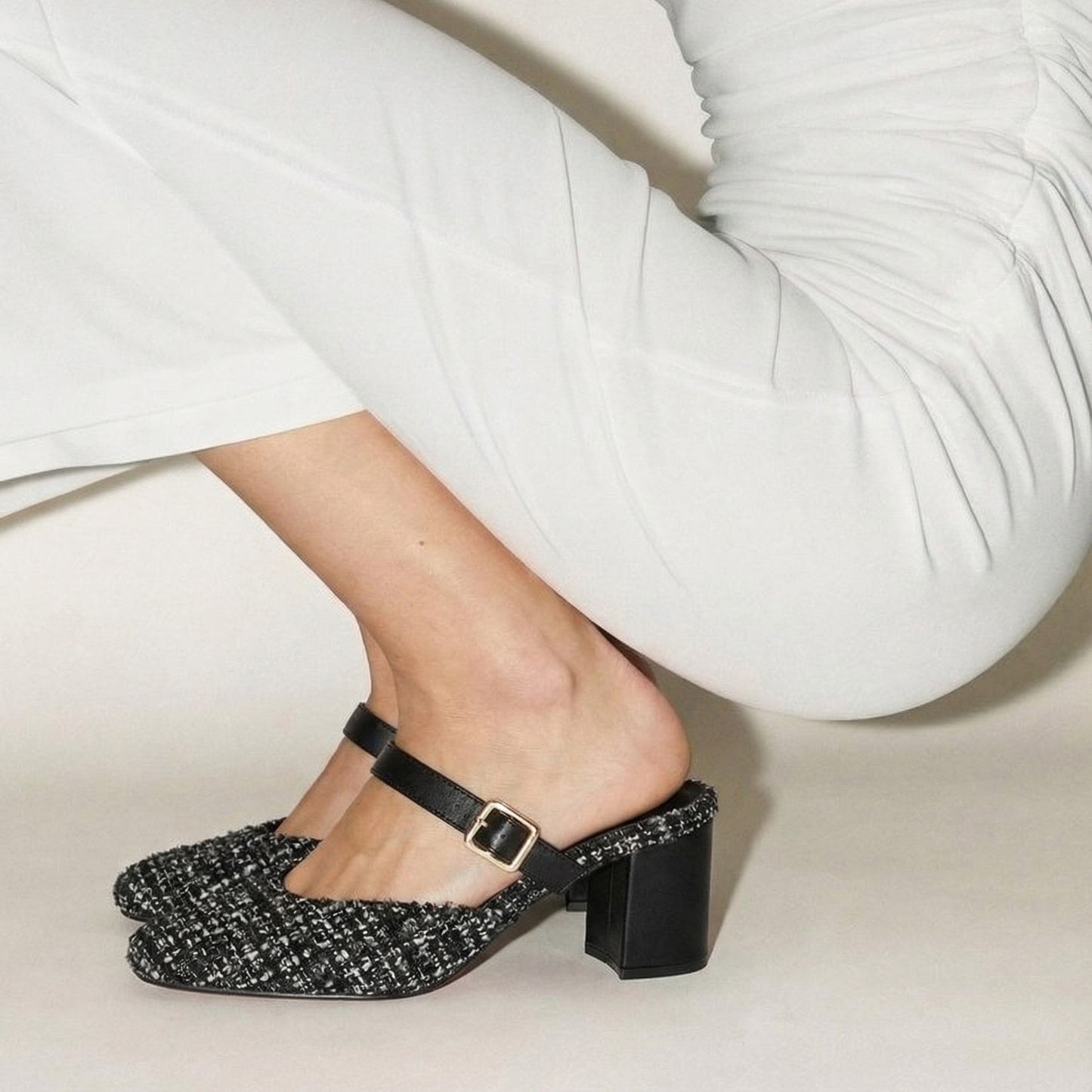Monochrome Tweed Slip-On block Heels