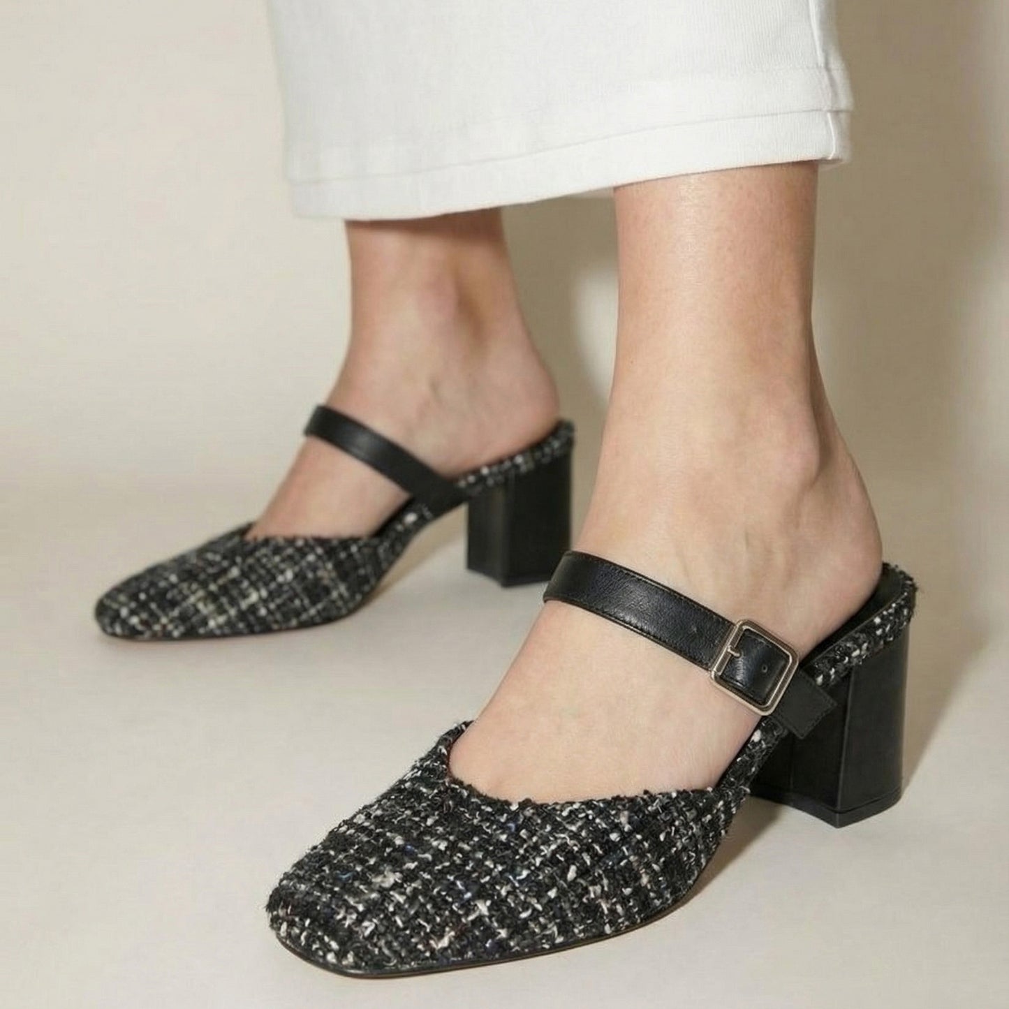 Monochrome Tweed Slip-On block Heels