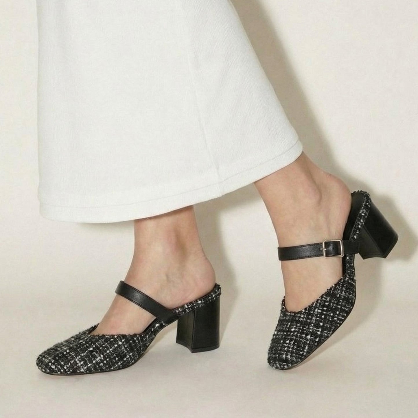 Monochrome Tweed Slip-On block Heels