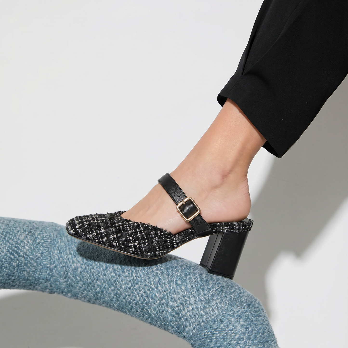 Monochrome Tweed Slip-On block Heels