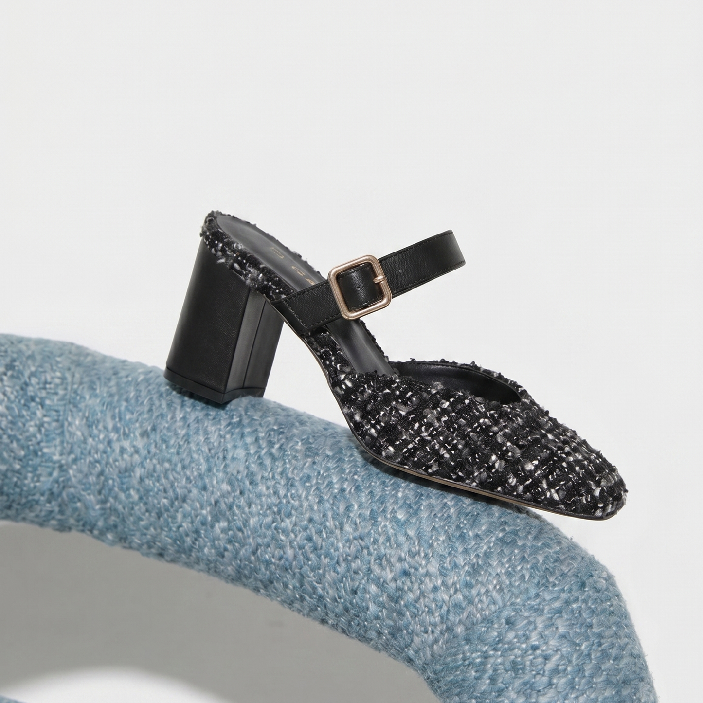 Monochrome Tweed Slip-On block Heels